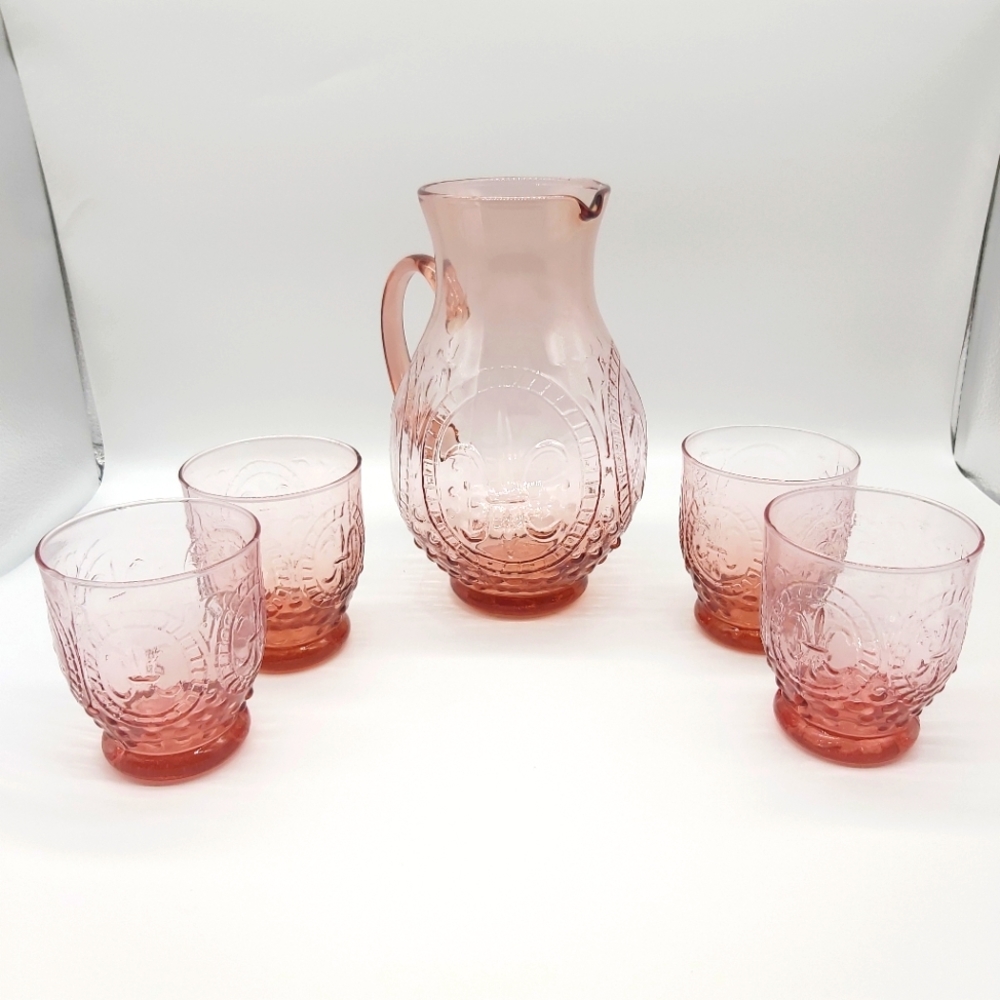 April Cornell for Silvestri Pink Fleur-de-lis pitcher and tumbler  set